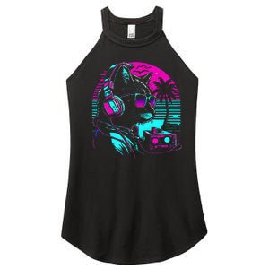 House Dj Cat 80s 90s Kitten Sunset Rainbow Dj Cat Kitty Women's Perfect Tri Rocker Tank