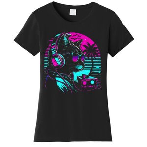 House Dj Cat 80s 90s Kitten Sunset Rainbow Dj Cat Kitty Women's T-Shirt