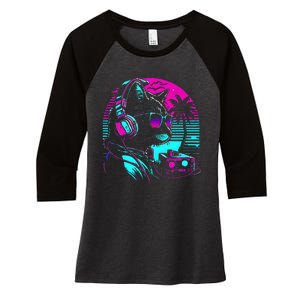 House Dj Cat 80s 90s Kitten Sunset Rainbow Dj Cat Kitty Women's Tri-Blend 3/4-Sleeve Raglan Shirt