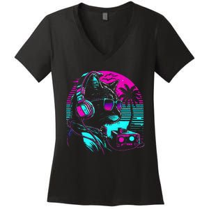 House Dj Cat 80s 90s Kitten Sunset Rainbow Dj Cat Kitty Women's V-Neck T-Shirt