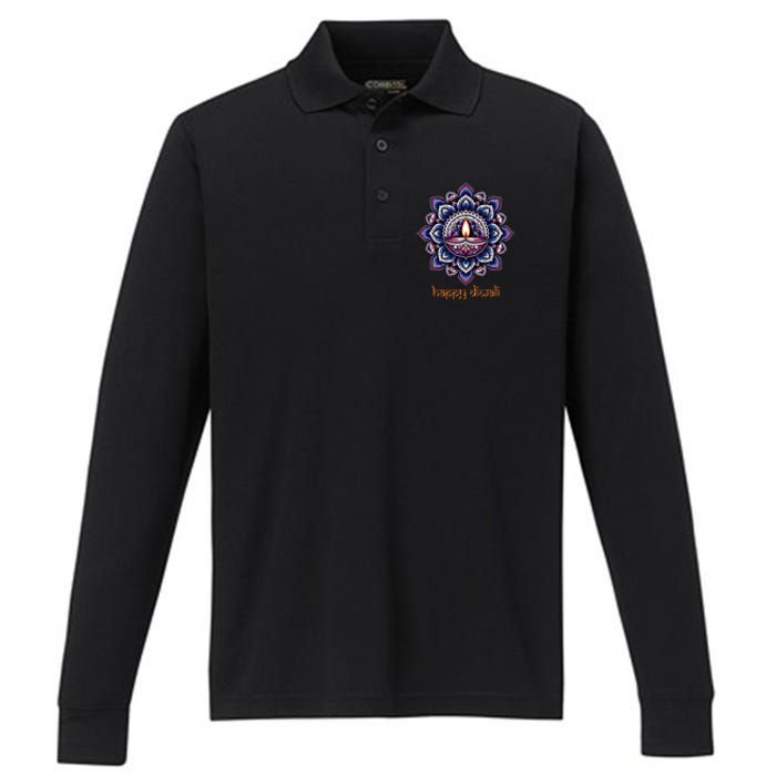 Happy Diwali Diya Oil Lamp Deepavali Festival of Lights Performance Long Sleeve Polo