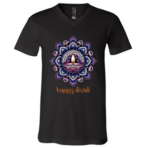 Happy Diwali Diya Oil Lamp Deepavali Festival of Lights V-Neck T-Shirt