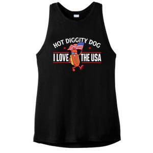 Hot Diggity Dog USA American Flag 4th of July Fourth Ladies PosiCharge Tri-Blend Wicking Tank