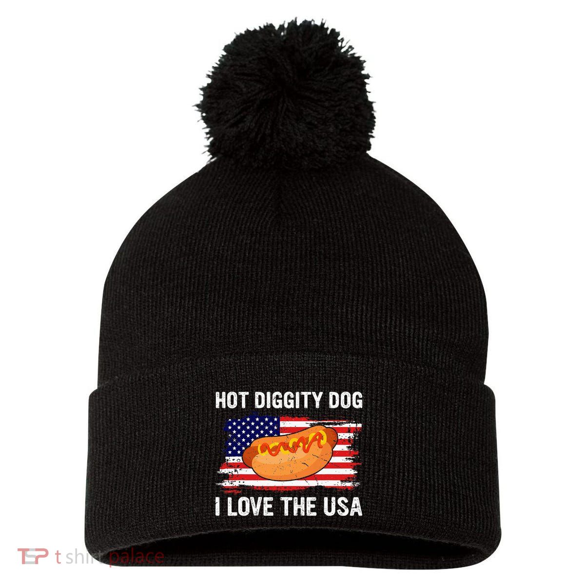 Hot Diggity Dog I Love Usa Funny Pom Pom 12in Knit Beanie