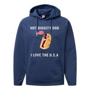 Hot Diggity Dog I Love Usa Gift Funny Fourth Of July Gift Performance Fleece Hoodie