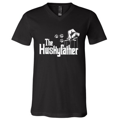 Huskyfather Dog Dad Puppy Paw Print Fun Animal FathersDay V-Neck T-Shirt