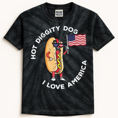 Hot Diggity Dog July 4th Patriotic BBQ Picnic USA Funny Kids Tie-Dye T-Shirt