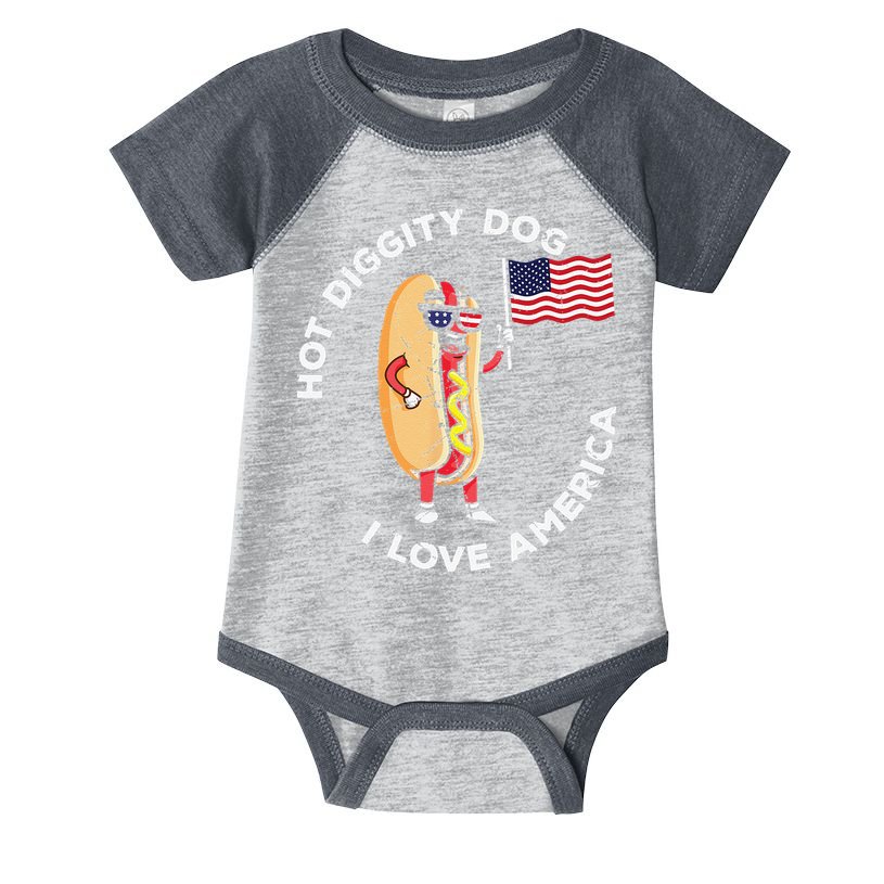 Hot Diggity Dog July 4th Patriotic BBQ Picnic USA Funny Infant Baby Jersey Bodysuit