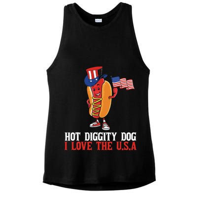 Hot Diggity Dog I Love The USA Happy 4th Of July Hotdog Ladies PosiCharge Tri-Blend Wicking Tank