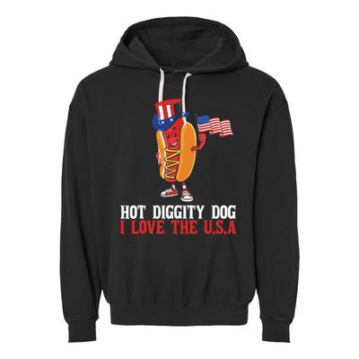 Hot Diggity Dog I Love The USA Happy 4th Of July Hotdog Garment-Dyed Fleece Hoodie