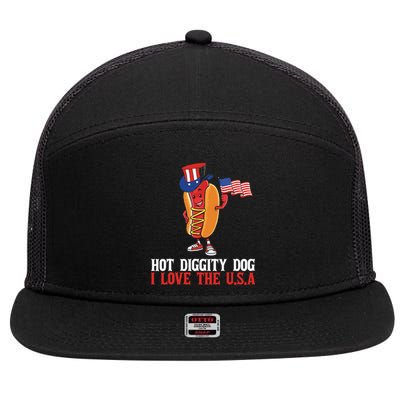 Hot Diggity Dog I Love The USA Happy 4th Of July Hotdog 7 Panel Mesh Trucker Snapback Hat