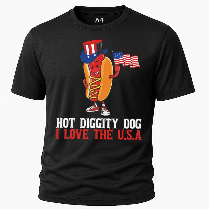 Hot Diggity Dog I Love The USA Happy 4th Of July Hotdog Cooling Performance Crew T-Shirt
