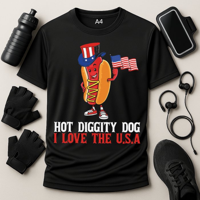 Hot Diggity Dog I Love The USA Happy 4th Of July Hotdog Cooling Performance Crew T-Shirt