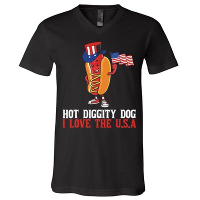 Hot Diggity Dog I Love The USA Happy 4th Of July Hotdog V-Neck T-Shirt