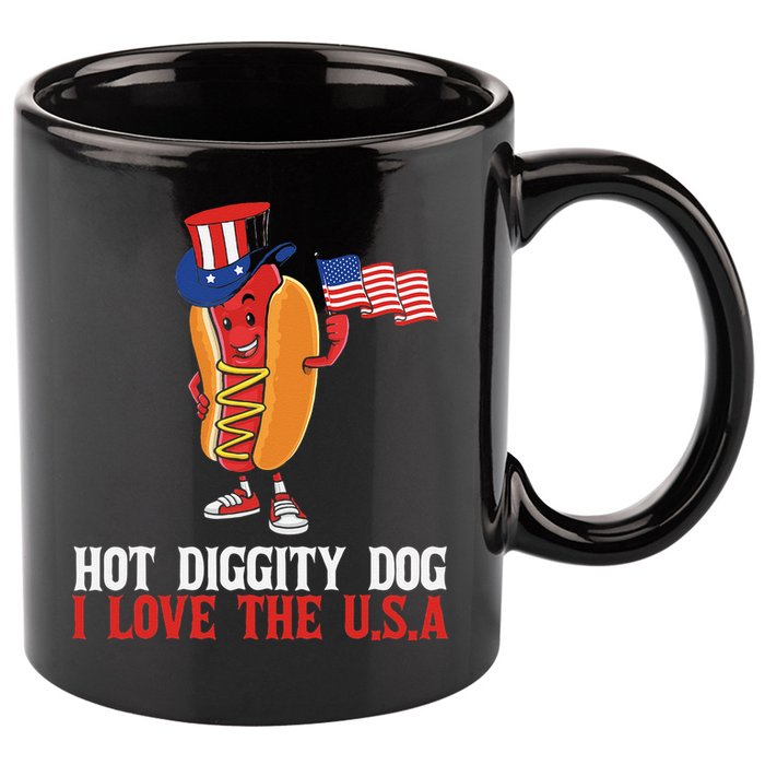Hot Diggity Dog I Love The USA Happy 4th Of July Hotdog 11oz C Handle Ceramic Mug