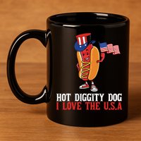 Hot Diggity Dog I Love The USA Happy 4th Of July Hotdog 11oz C Handle Ceramic Mug
