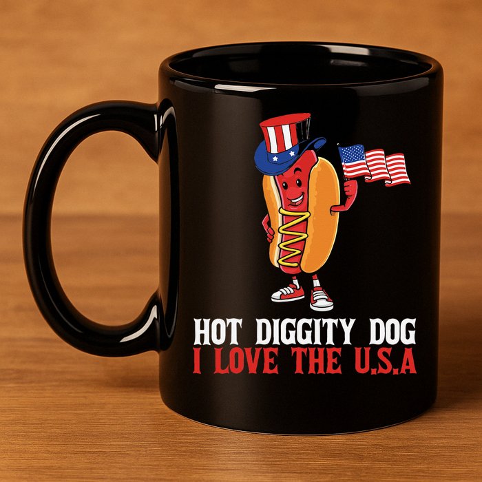 Hot Diggity Dog I Love The USA Happy 4th Of July Hotdog 11oz C Handle Ceramic Mug