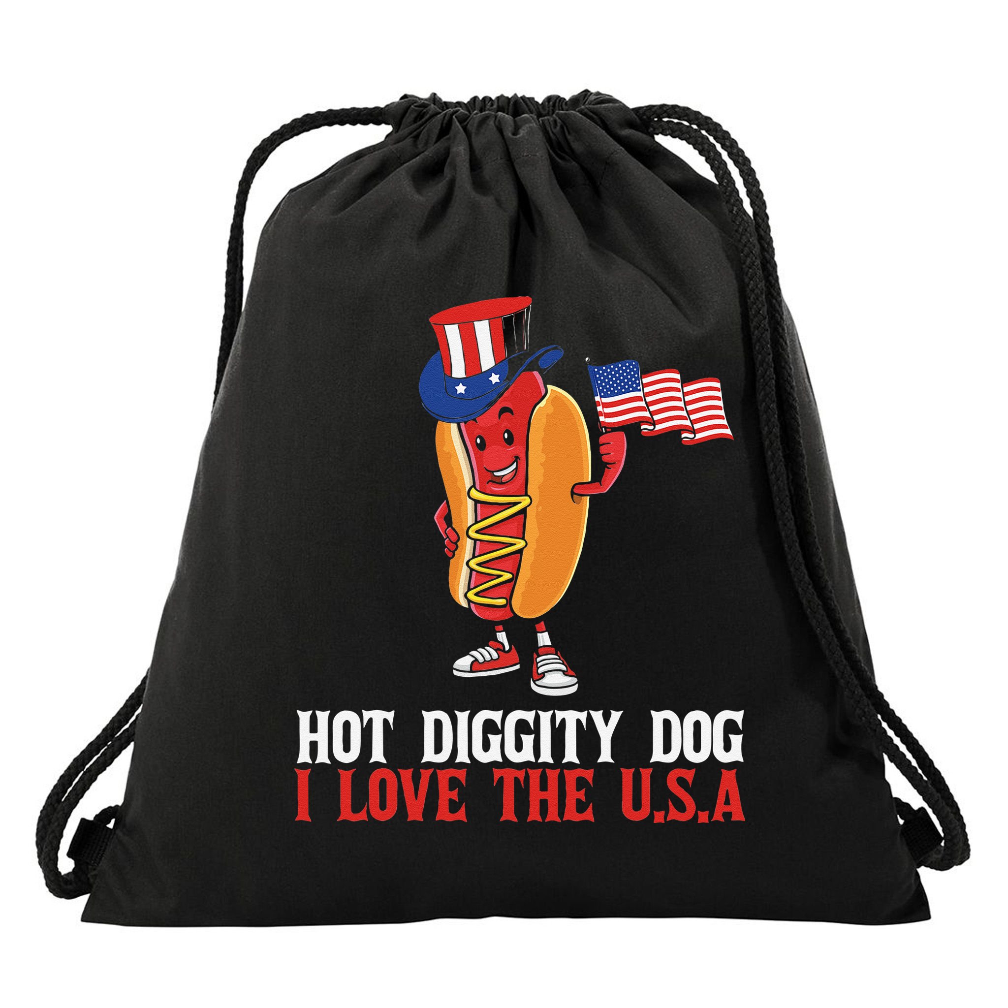 Hot Diggity Dog I Love The USA Happy 4th Of July Hotdog Drawstring Bag