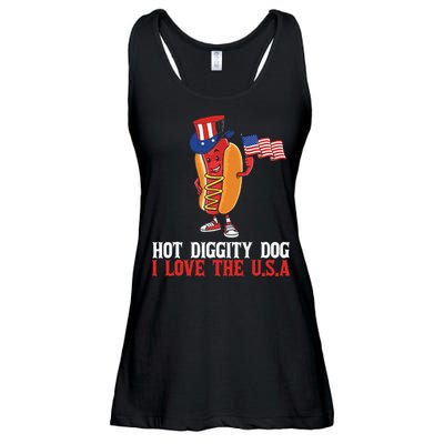 Hot Diggity Dog I Love The USA Happy 4th Of July Hotdog Ladies Essential Flowy Tank