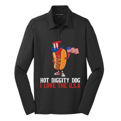 Hot Diggity Dog I Love The USA Happy 4th Of July Hotdog Silk Touch Performance Long Sleeve Polo