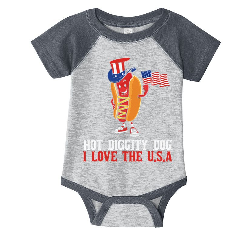 Hot Diggity Dog I Love The USA Happy 4th Of July Hotdog Infant Baby Jersey Bodysuit