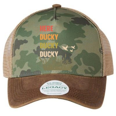 Here Ducky Ducky Ducky Funny Duck Call For Duck Hunters Legacy Tie Dye Trucker Hat