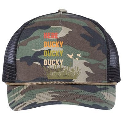 Here Ducky Ducky Ducky Funny Duck Call For Duck Hunters Retro Rope Trucker Hat Cap