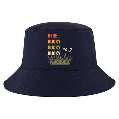 Here Ducky Ducky Ducky Funny Duck Call For Duck Hunters Cool Comfort Performance Bucket Hat