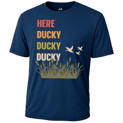 Here Ducky Ducky Ducky Funny Duck Call For Duck Hunters Cooling Performance Crew T-Shirt