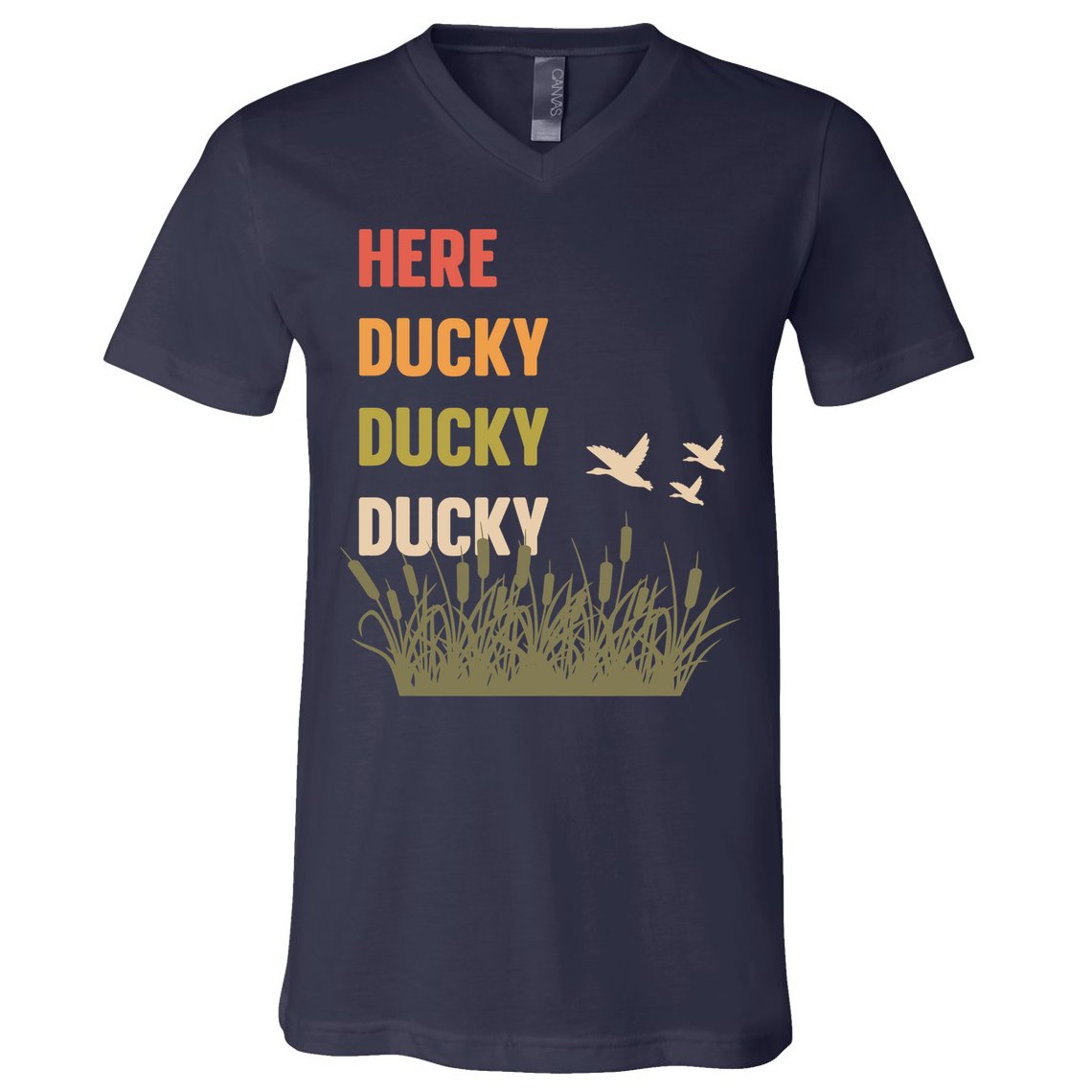 Here Ducky Ducky Ducky Funny Duck Call For Duck Hunters V-Neck T-Shirt