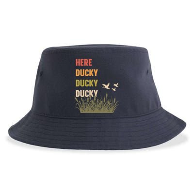 Here Ducky Ducky Ducky Funny Duck Call For Duck Hunters Sustainable Bucket Hat