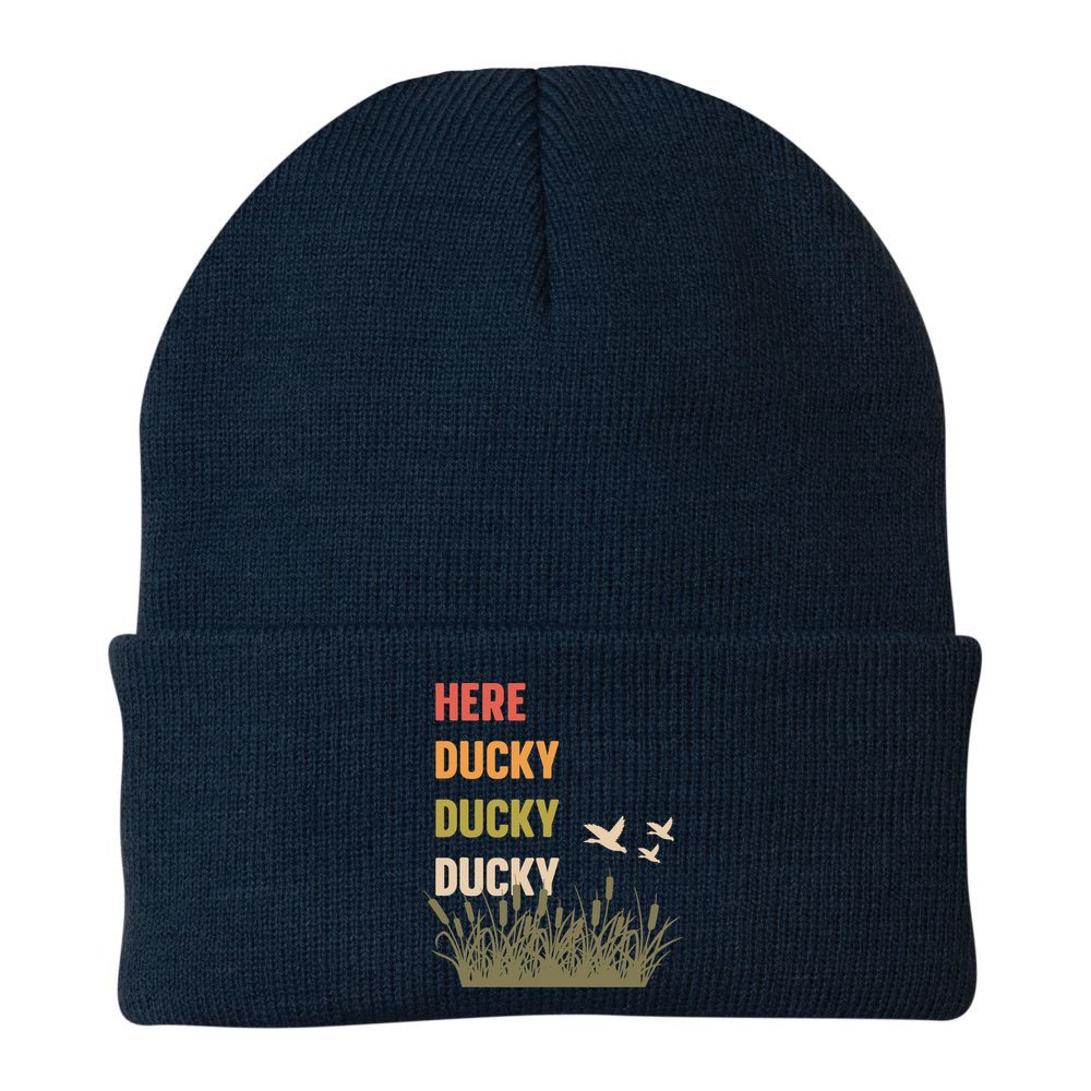 Here Ducky Ducky Ducky Funny Duck Call For Duck Hunters Beanie