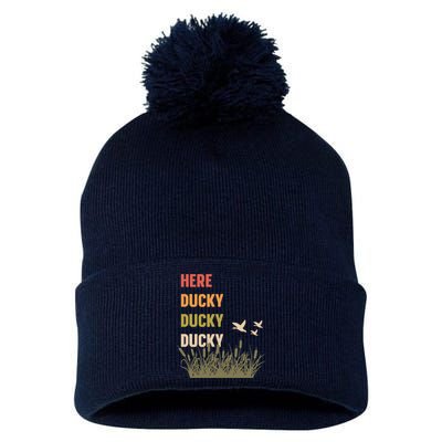 Here Ducky Ducky Ducky Funny Duck Call For Duck Hunters Pom Pom 12in Knit Beanie