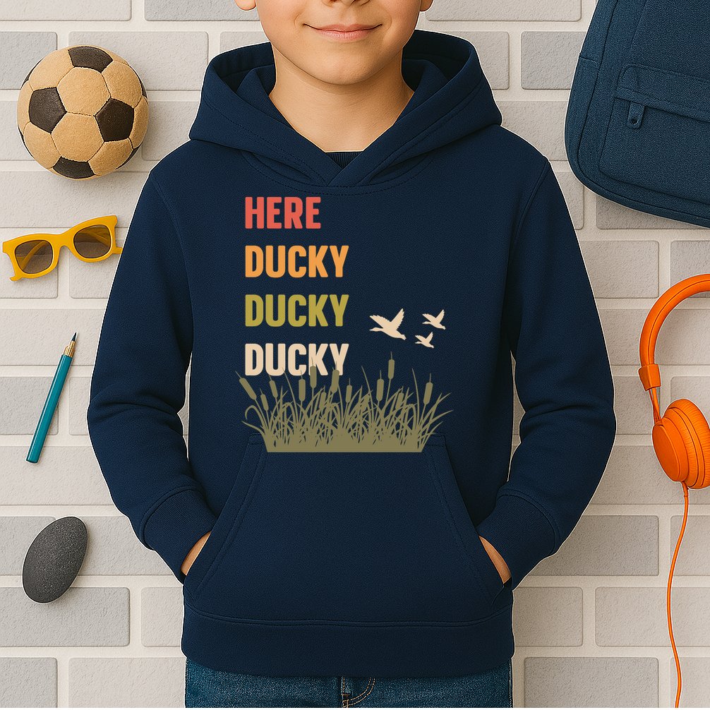 Here Ducky Ducky Ducky Funny Duck Call For Duck Hunters Kids Hoodie