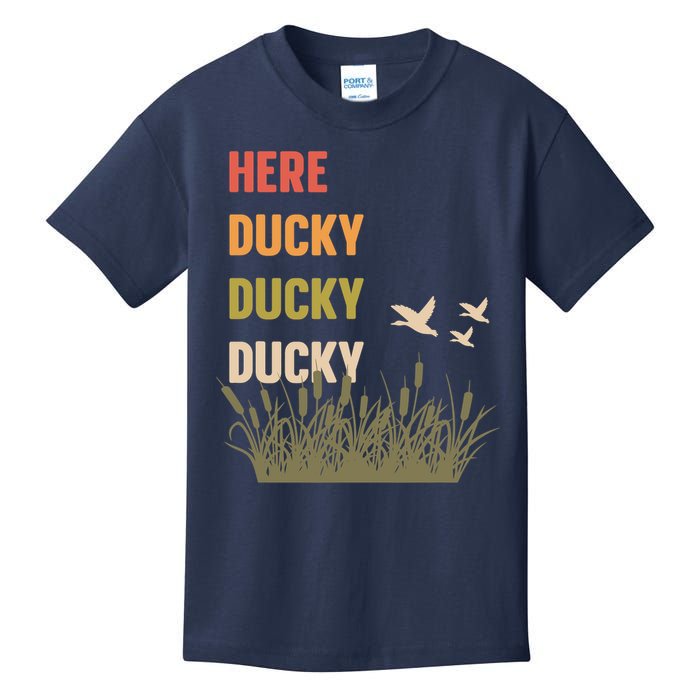 Here Ducky Ducky Ducky Funny Duck Call For Duck Hunters Kids T-Shirt