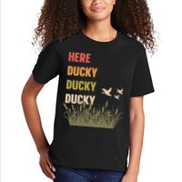 Here Ducky Ducky Ducky Funny Duck Call For Duck Hunters Kids T-Shirt