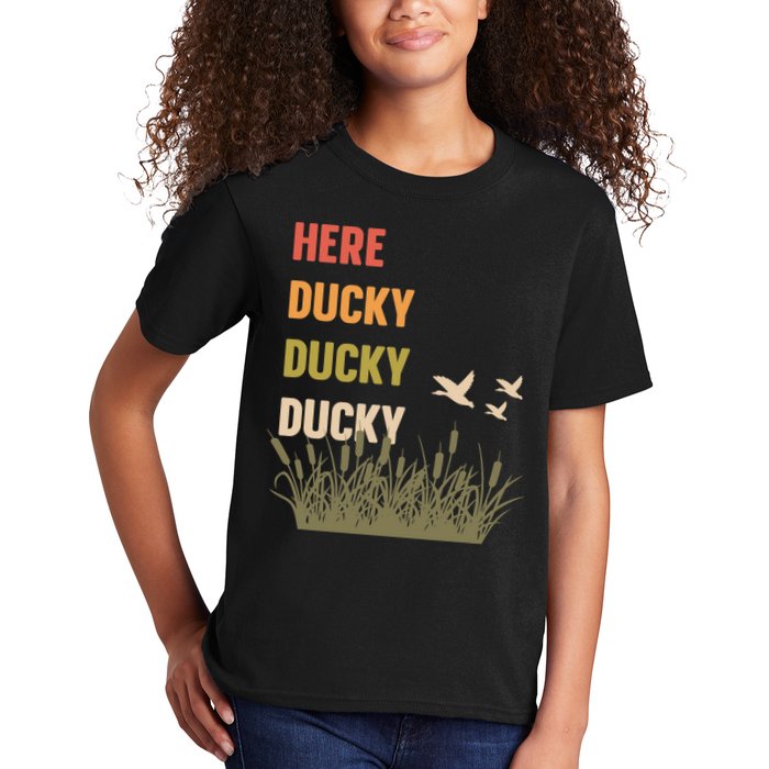 Here Ducky Ducky Ducky Funny Duck Call For Duck Hunters Kids T-Shirt