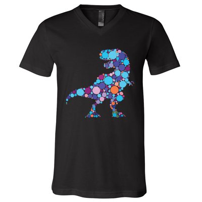 Happy Dot Day Colorful Polka Dot Dinosaur Trex V-Neck T-Shirt