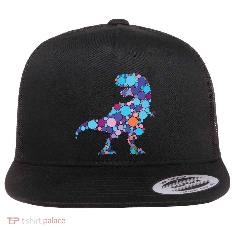 Happy Dot Day Colorful Polka Dot Dinosaur Trex Flat Bill Trucker Hat