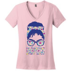 Happy Dot Day Messy Bun Women's V-Neck T-Shirt