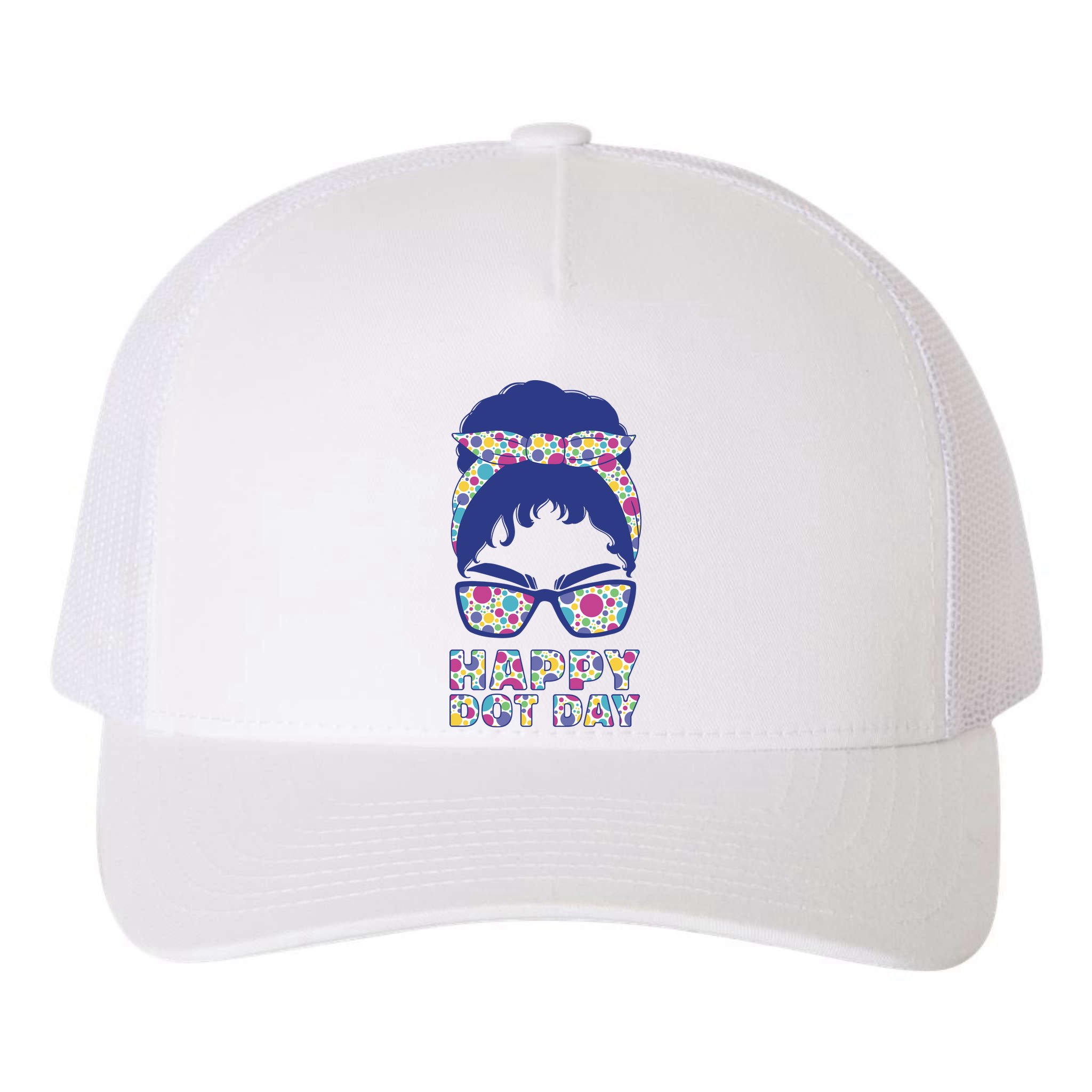 Happy Dot Day Messy Bun Yupoong Adult 5-Panel Trucker Hat