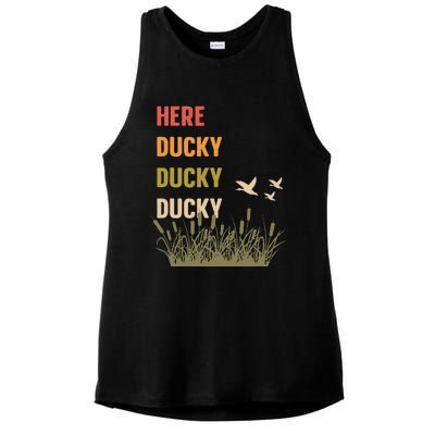 Here Ducky Ducky Ducky Funny Duck Call For Duck Hunters Ladies PosiCharge Tri-Blend Wicking Tank