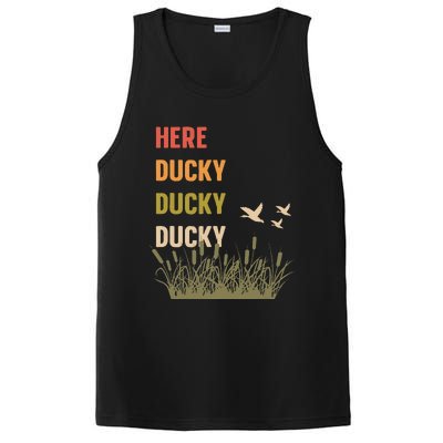 Here Ducky Ducky Ducky Funny Duck Call For Duck Hunters PosiCharge Competitor Tank