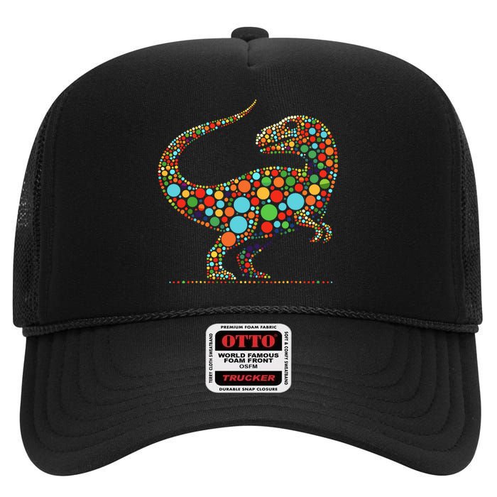 Happy Dot Day Colorful Polka Dot Dinosaur High Crown Mesh Back Trucker Hat