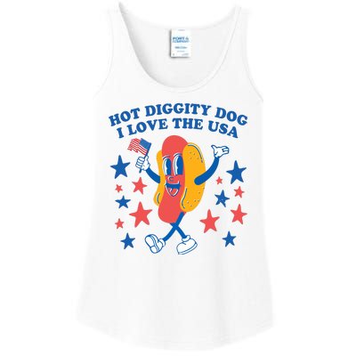 Hot Diggity Dog I Love USA Funny Hot Dog 4th Of July America Ladies Essential Tank