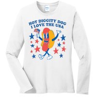 Hot Diggity Dog I Love USA Funny Hot Dog 4th Of July America Ladies Long Sleeve Shirt