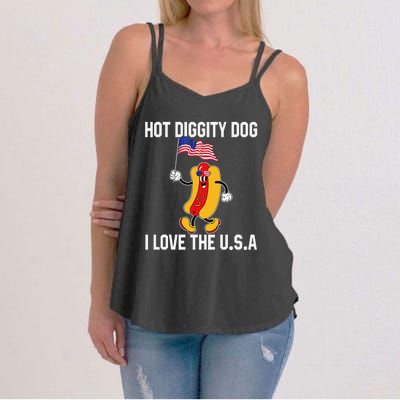 Hot Diggity Dog I Love The USA Flag Funny 4th of July Women's Strappy Tank