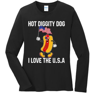 Hot Diggity Dog I Love The USA Flag Funny 4th of July Ladies Long Sleeve Shirt