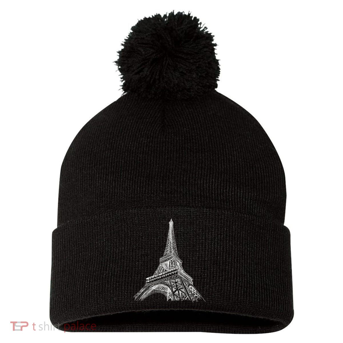 Hand Drawn Eiffel Tower Pom Pom 12in Knit Beanie