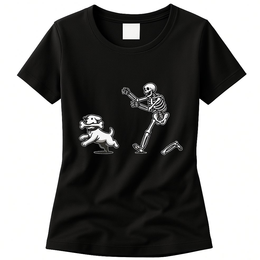 Halloween Dog Funny Skeleton Skeleton Chasing Dog Gift Womens T-Shirt